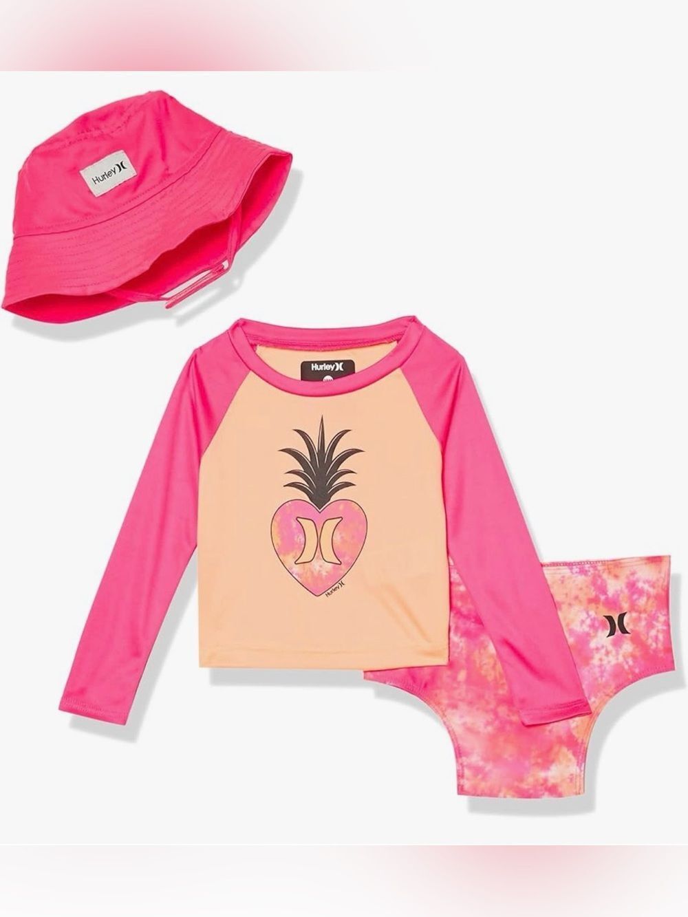 Hurley Toddler Girls' Pink & Peach Pineapple Rash Guard Swim Set, NWT